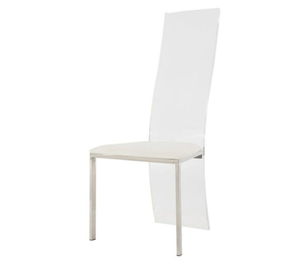 Elegant chair with clear acrylic back and white cushioned seat for weddings and events by SWFL Wedding & Event Rentals