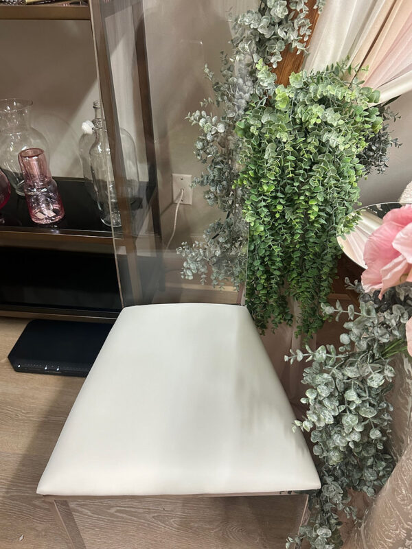 Elegant chair with clear acrylic back and white cushioned seat for weddings and events by SWFL Wedding & Event Rentals