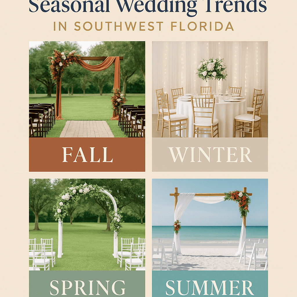 Outdoor wedding arch decorated with flowers on lush green lawn.