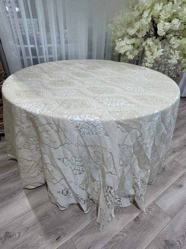 120" Round Tablecloth Overlay - Ivory with Lace & Gold Shimmer - Image 2