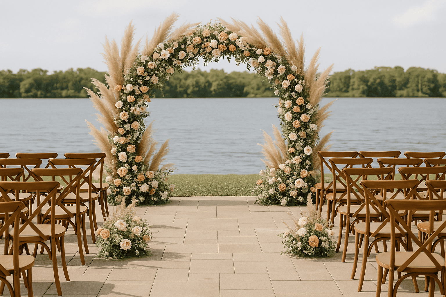 Wedding floral arch with roses and pampas grass overlooking the water.