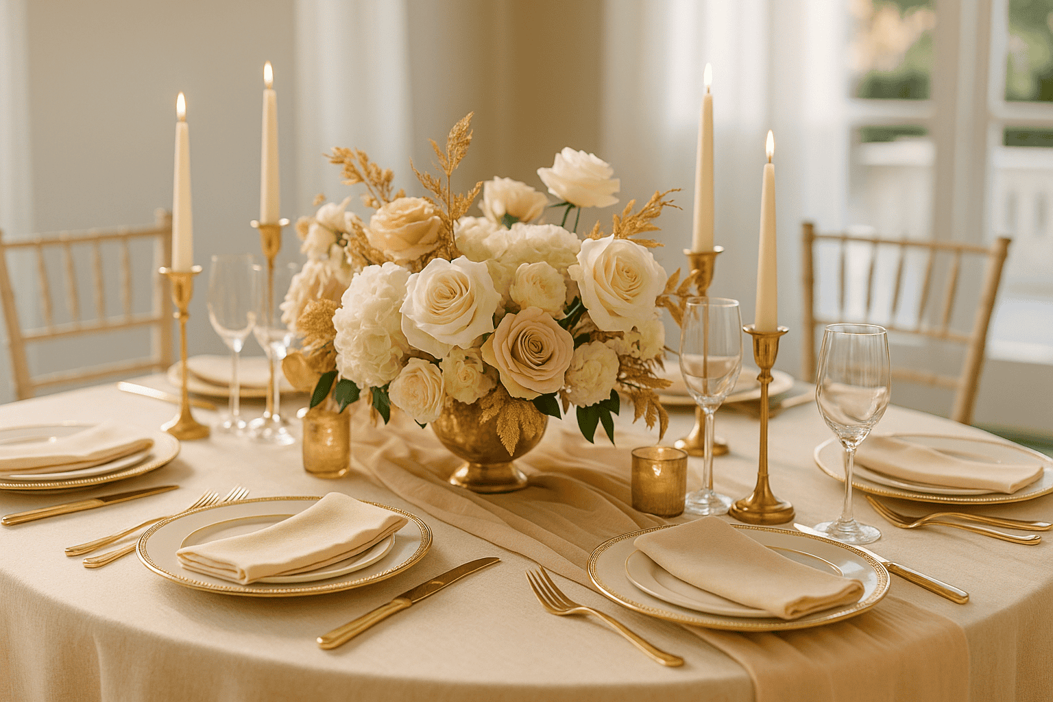 Beautifully arranged table with floral centerpiece, candles, and elegant tableware for a wedding or.