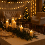 Elegant holiday event setup in Fort Myers, Florida, featuring a long banquet table with gold-rimmed plates, candles, greenery, and soft string lighting in the background. A cozy lounge area and Christmas trees complete the warm, festive atmosphere.