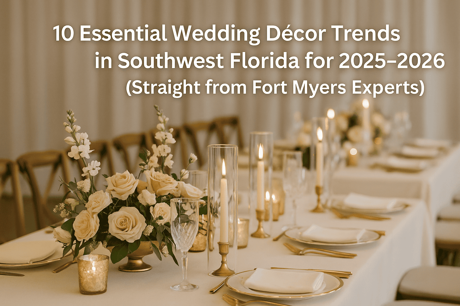 Elegant wedding table with floral arrangements and candles.