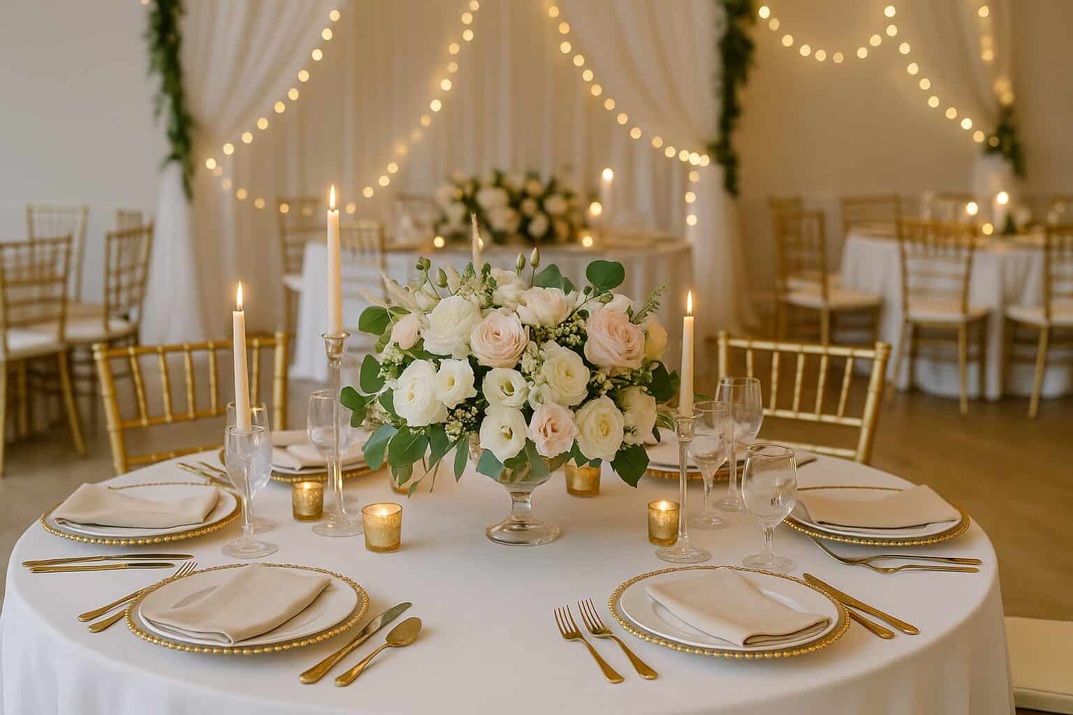 Elegant wedding reception table with floral centerpiece and candlelit decor.