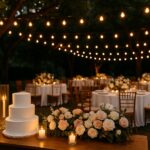 Outdoor Naples wedding reception at dusk featuring warm string lights overhead, a white three-tier wedding cake, candlelit décor, blush and ivory floral arrangements, and round guest tables—showcasing elegant wedding lighting options from SWFL Wedding & Event Rentals.